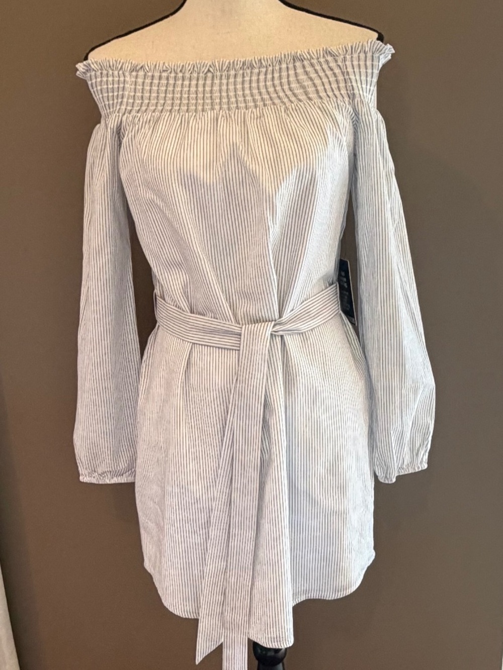 NWT Express White & Black Stripes Off-the-Shoulder Cotton Dress, Size Small